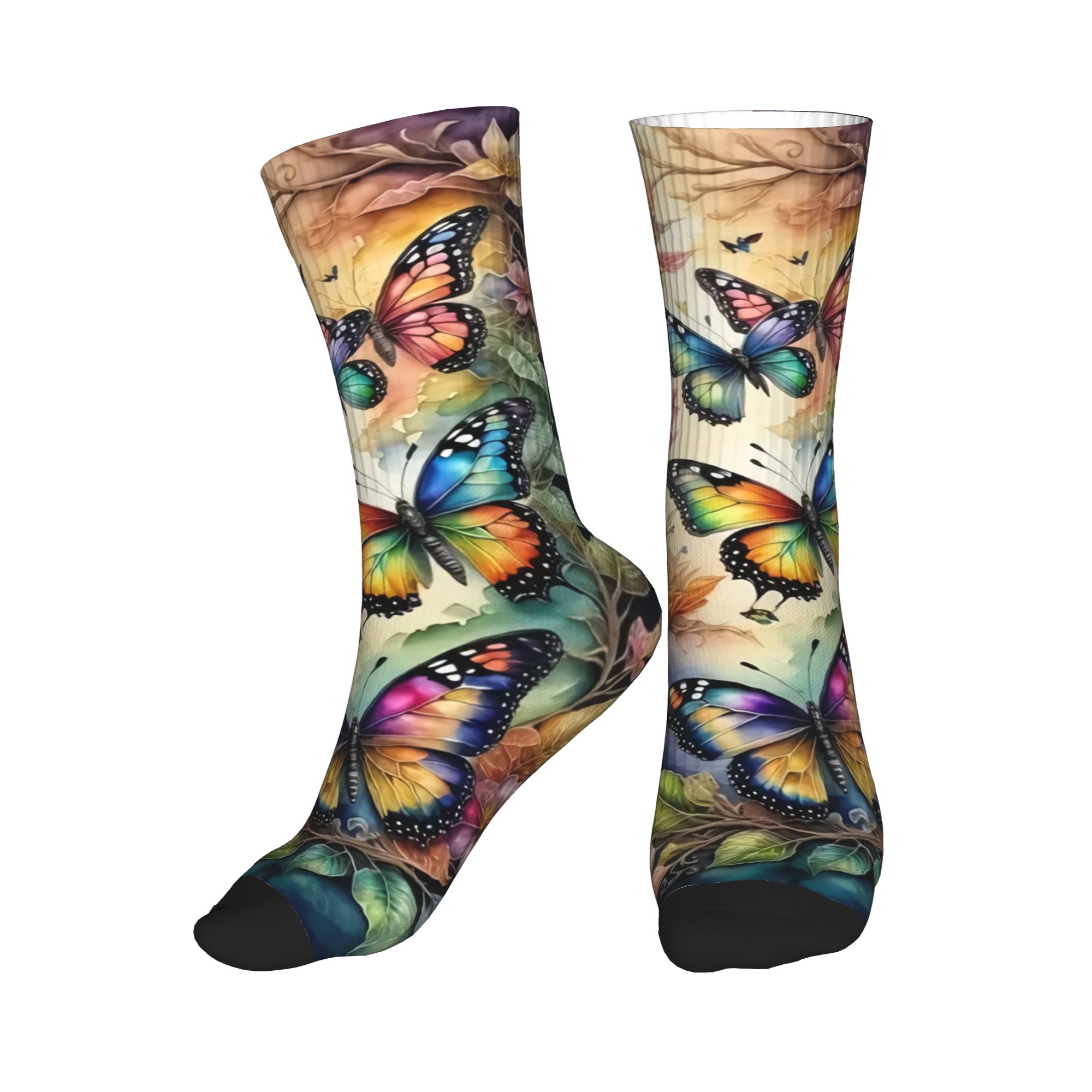 Dress Sock Men - カラフルな蝶と花男性女性クルーソックスユニセックスクール 3D プリントドレスソックス