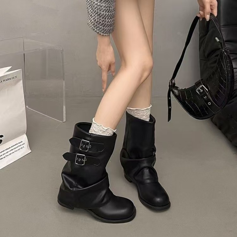 レディース ブラック スラウチー ミッドカーフブーツ ダブル - Boot Sock Slouchy のレビューと価格