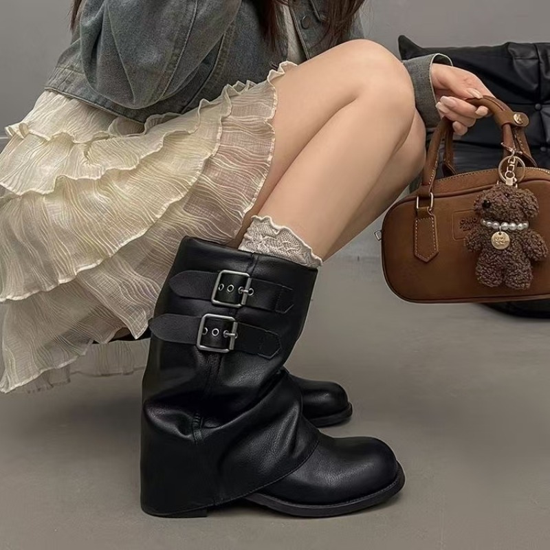 レディース ブラック スラウチー ミッドカーフブーツ ダブル - Boot Sock Slouchy のレビューと価格