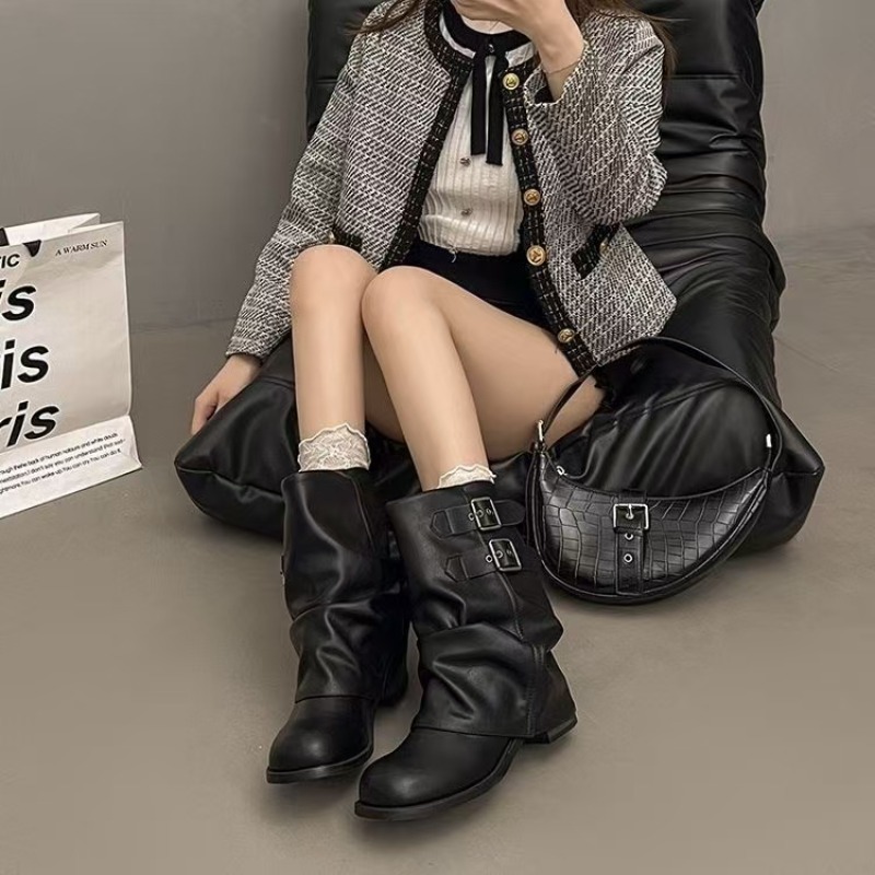 レディース ブラック スラウチー ミッドカーフブーツ ダブル - Boot Sock Slouchy のレビューと価格