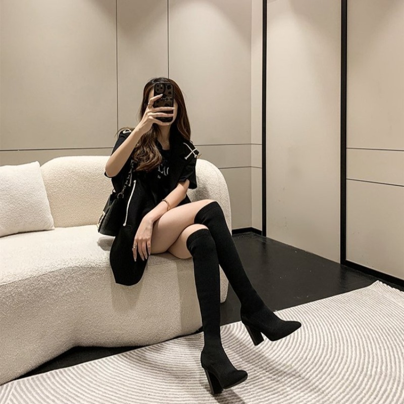 レディースニーハイブーツ、ポインテッドトゥ、ストレッチソック - Knee High Sock Women のレビューと価格