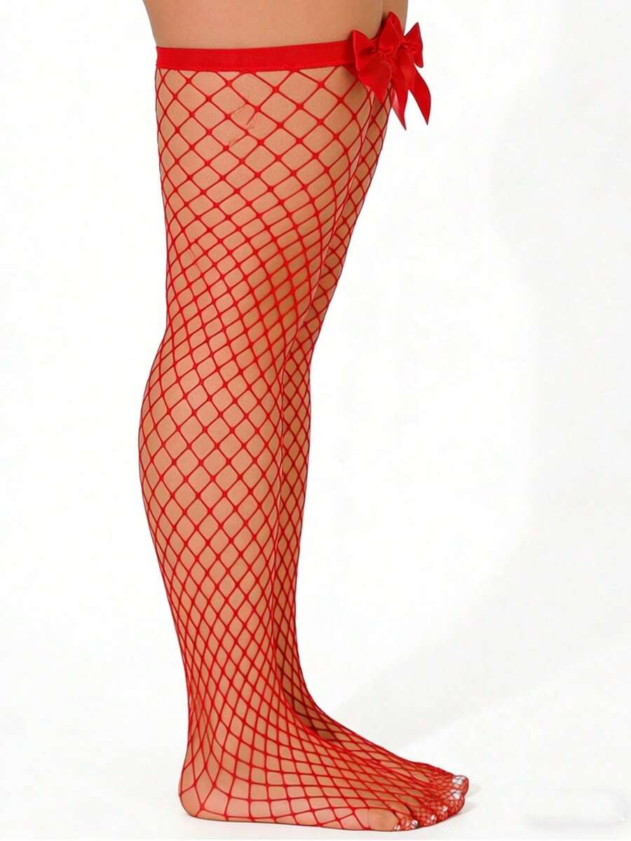 ボウデコレーションフィッシュネット太もも丈ストッキング、伸縮 - Knee High Sock Women のレビューと価格